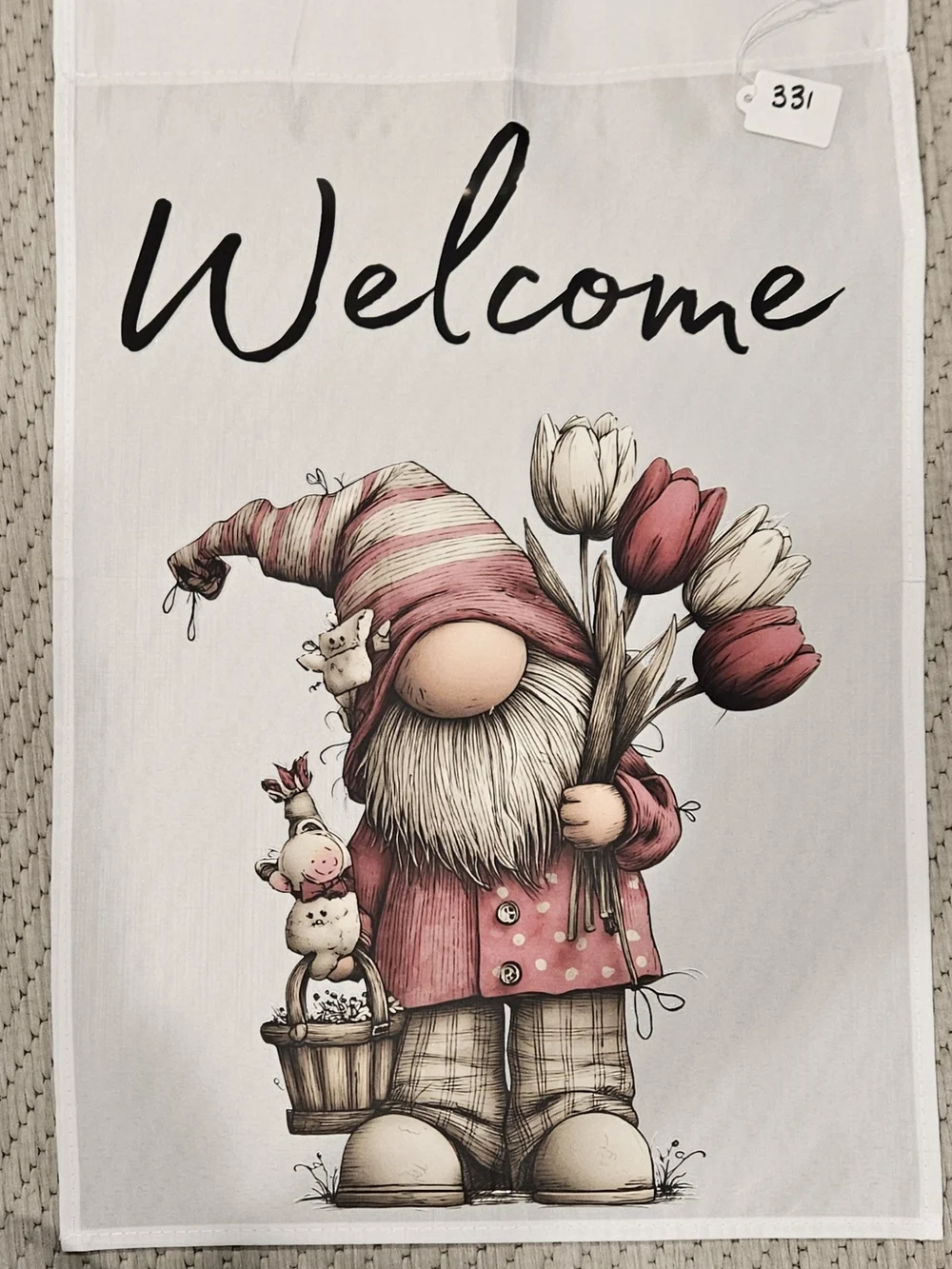 (331) Hand Made Welcome Gnome Decorative Garden Flag- Pink Accent